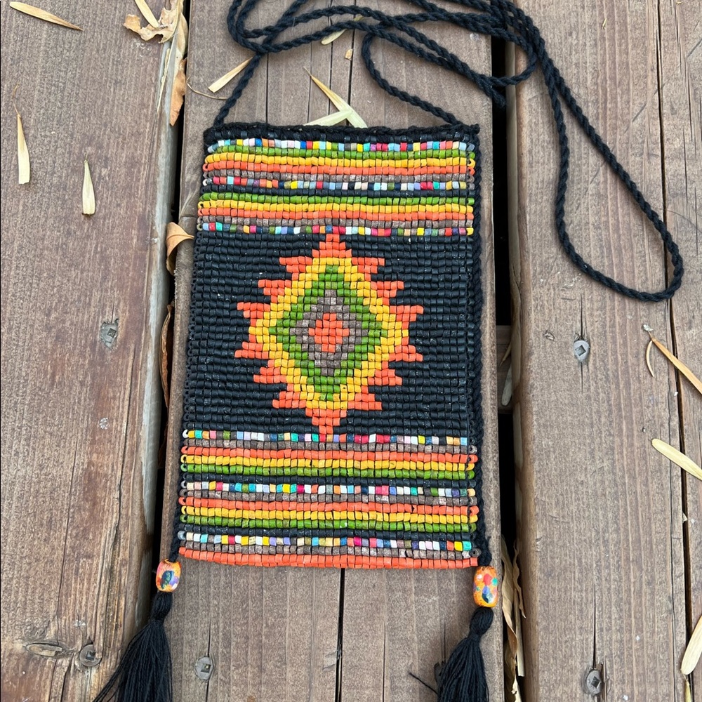 Hand-dyed beads Boho Beaded Purse Satchel Bag Pattern Black Gold diamond 70s